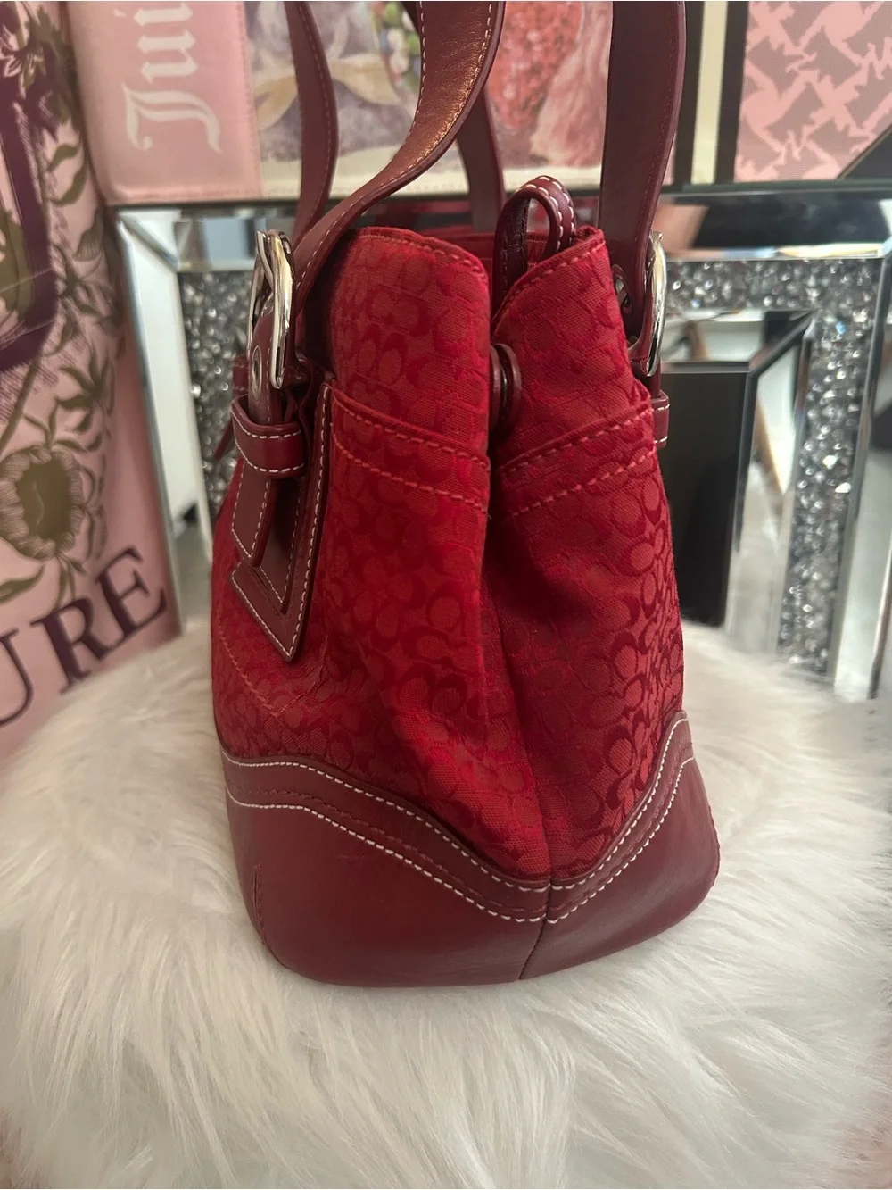 Y2K Vintage 2007 Coach SoHo Cherry Red Canvas Signature C Logo Tote Shoulder Bag